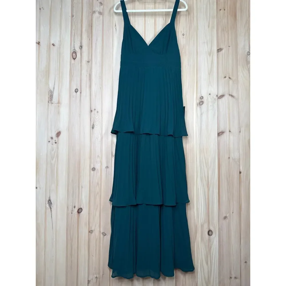 NWT Lulus Luxe Perfection Emerald Green Pleated Tiered Backless Maxi Dress Sz XL